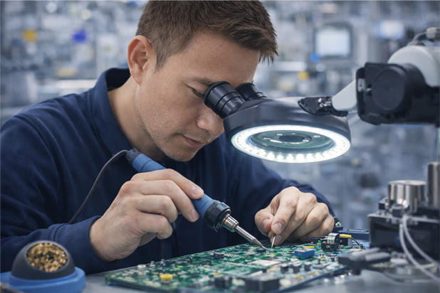 Electronics engineer soldering PCB